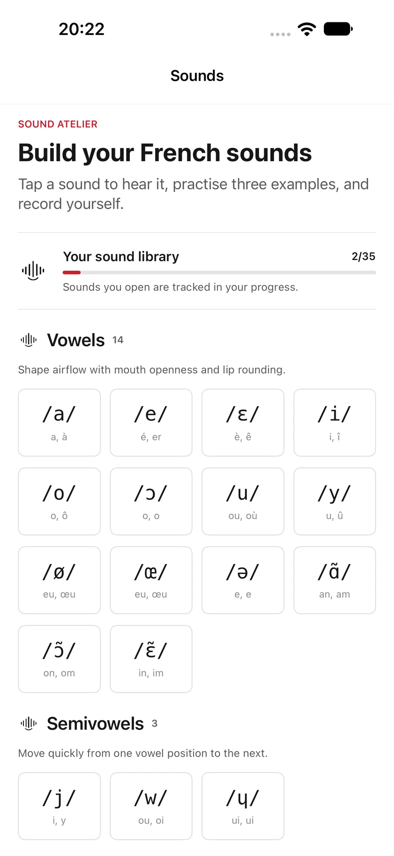 Original Parle Sounds screen with the 35-sound library, vowels, IPA symbols and semivowels.
