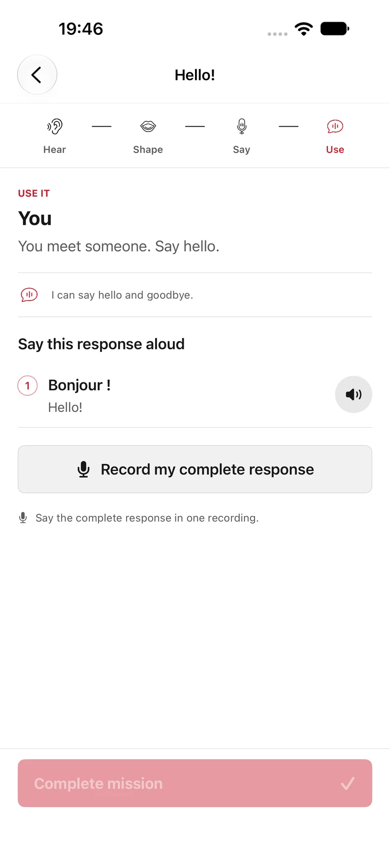 Original Parle Use lesson asking the learner to say Bonjour and record a complete spoken response.